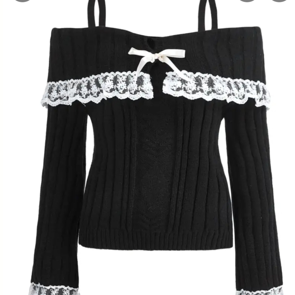 Adorable Black Off-Shoulder Super Soft Sweater with Lace Trim And Bow